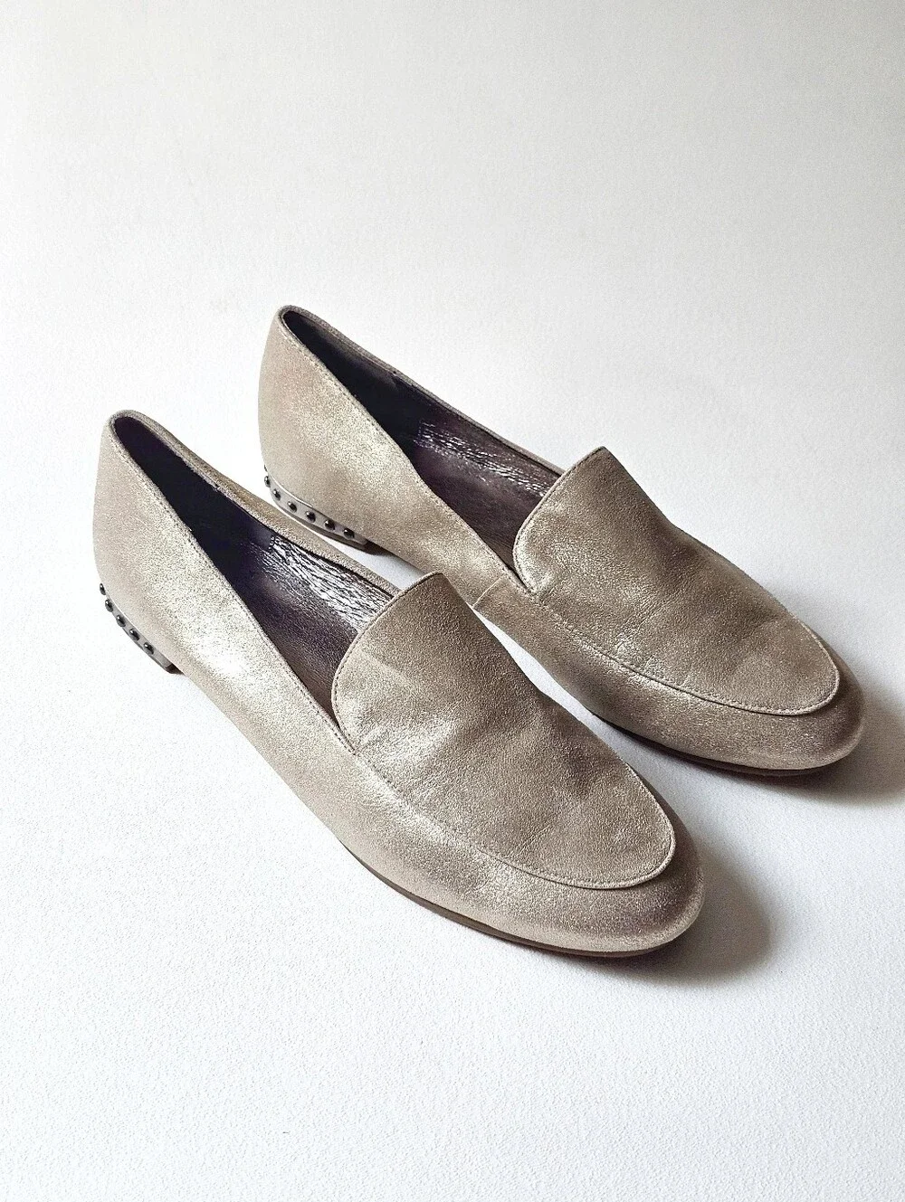 Adrianna Papell Metallic Gold Leather Loafers Studded Heel Flats Women's 9